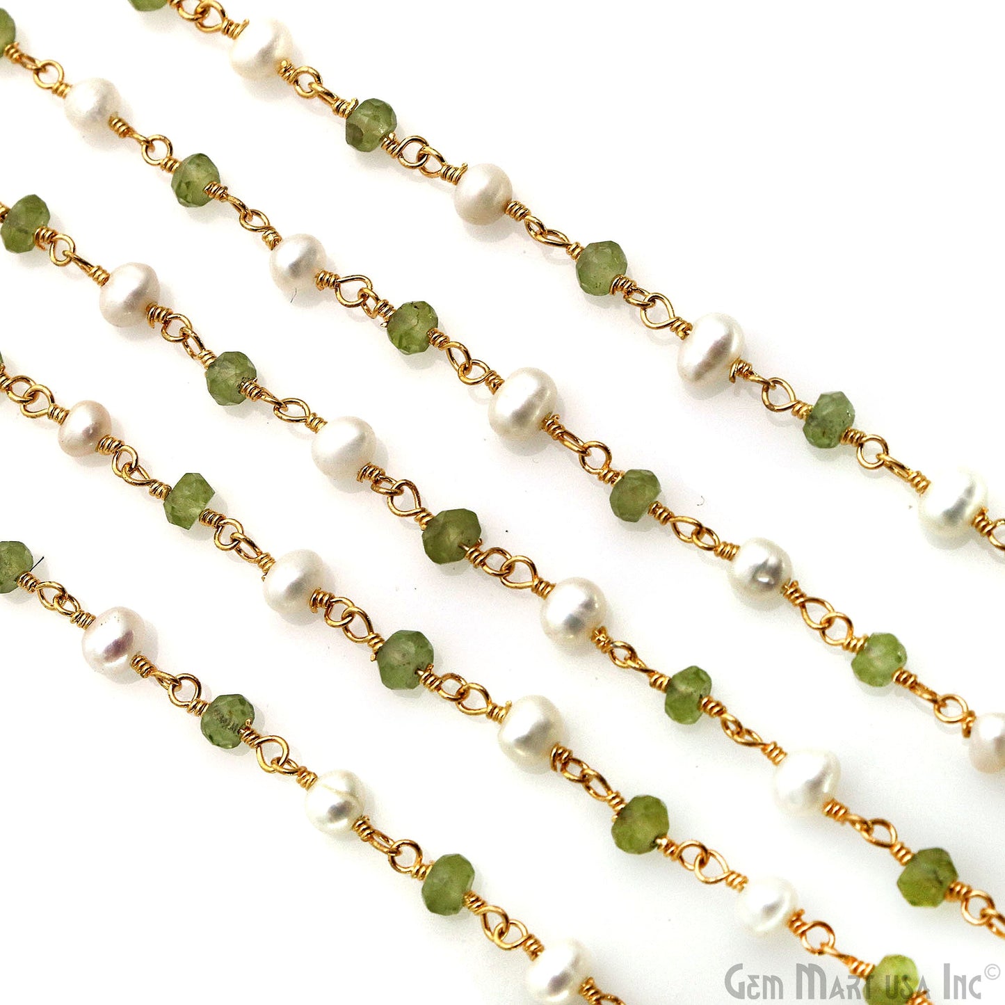 Peridot With Freshwater Pearl Gold Plated Wire Wrapped Beads Rosary Chain