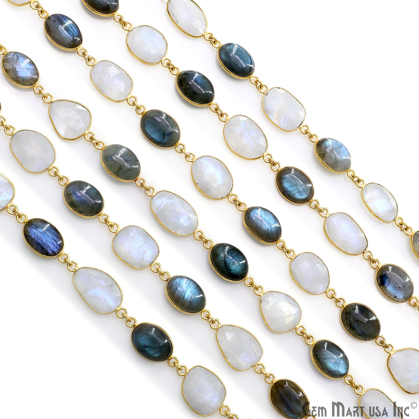 Rainbow Moonstone Faceted & Labradorite Oval 10-15mm Cabochon Bezel Link Connector Chain