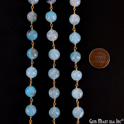 Sky Blue Banded Agate Jade Faceted Beads 10mm Gold Wire Wrapped Rosary Chain