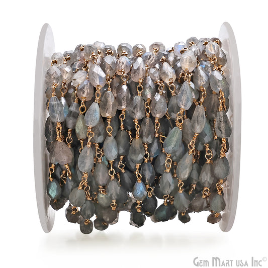 Labradorite 8x5mm Cone Shape Gold Wire Wrapped Rosary Chain