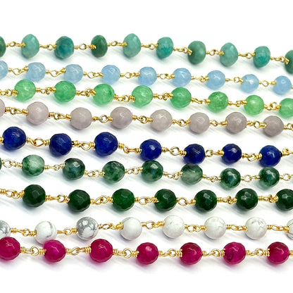 Dyed Jade Bead Faceted Crystal Round Rosary Chain Gold Plating, 5-6mm, 1+ ft