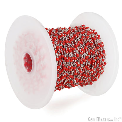 Coral Color Cabochon Beads 2mm Silver Plated Gemstone Rosary Chain