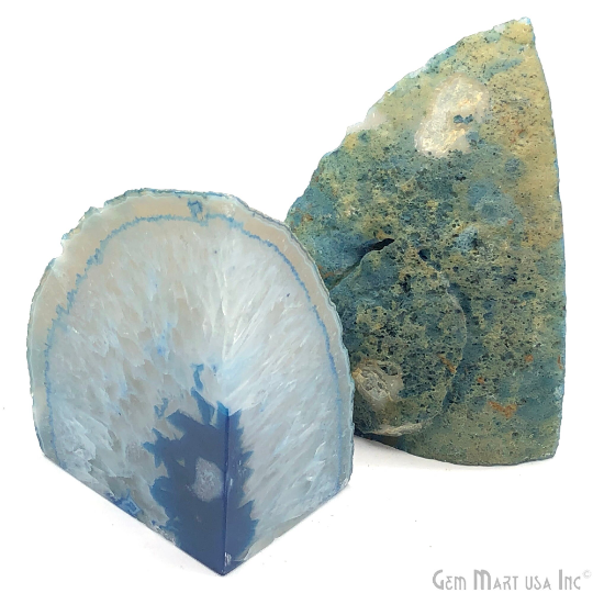 Large Geode Bookend. Blue Agate Bookend Pair. (3.1lbs, 5-6"inch). Mineral Rock Formation, Healing Energy Crystal, Home Decor. *Ships Free