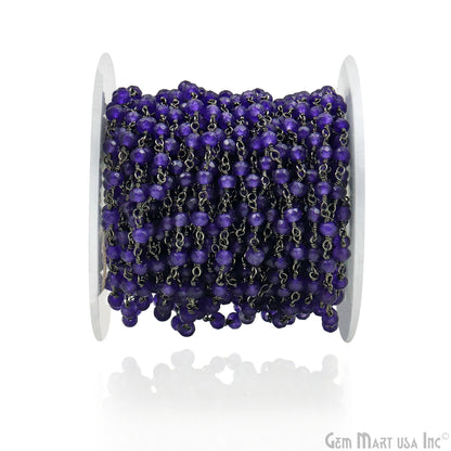 Dyed Jade Bead Faceted Crystal Round Rosary Chain Black Plating, 4mm, 1+ ft