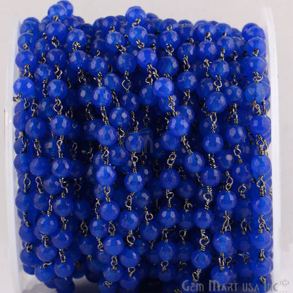 Dyed Jade Bead Faceted Crystal Round Rosary Chain Black Plating, 5-6mm, 1+ ft