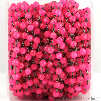 Dyed Jade Bead Faceted Crystal Round Rosary Chain Black Plating, 4mm, 1+ ft