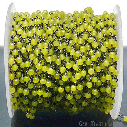 Dyed Jade Bead Faceted Crystal Round Rosary Chain Black Plating, 4mm, 1+ ft