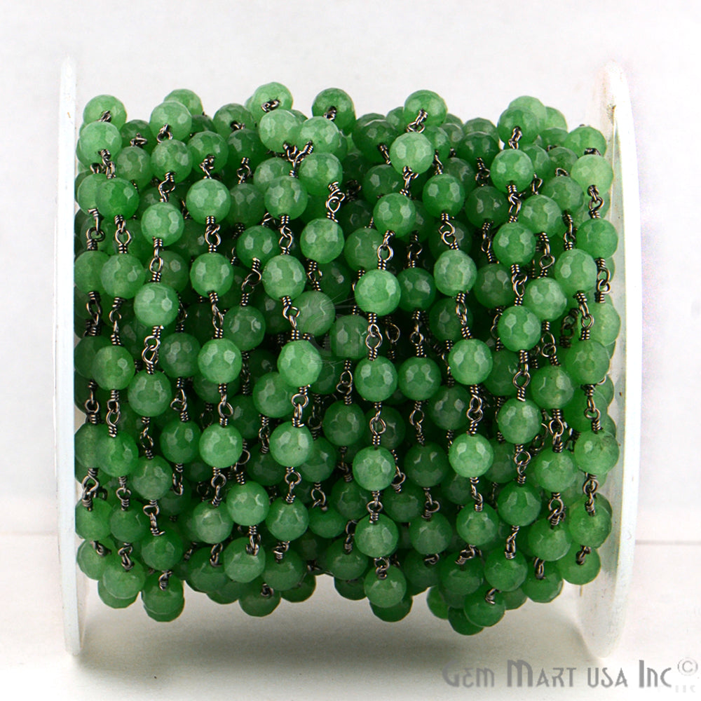 Dyed Jade Bead Faceted Crystal Round Rosary Chain Black Plating, 5-6mm, 1+ ft