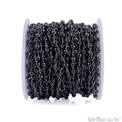 Dyed Jade Bead Faceted Crystal Round Rosary Chain Black Plating, 4mm, 1+ ft