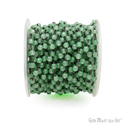 Dyed Jade Bead Faceted Crystal Round Rosary Chain Black Plating, 4mm, 1+ ft