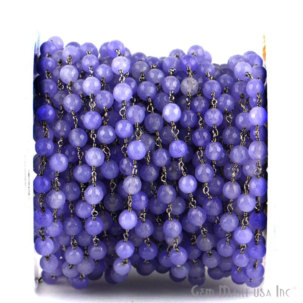 Dyed Jade Bead Faceted Crystal Round Rosary Chain Black Plating, 5-6mm, 1+ ft