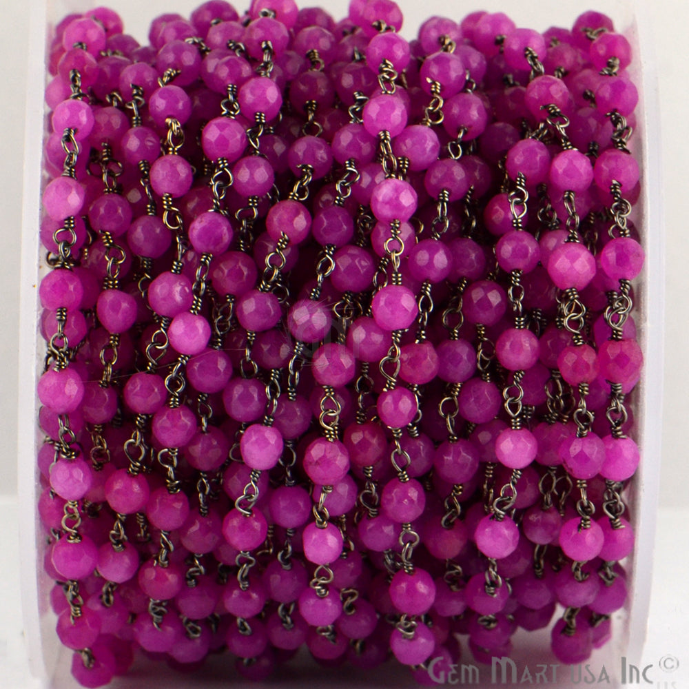 Dyed Jade Bead Faceted Crystal Round Rosary Chain Black Plating, 4mm, 1+ ft