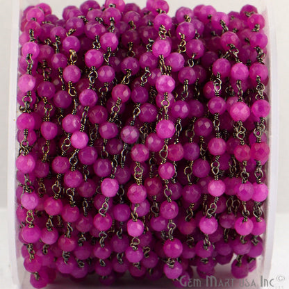 Dyed Jade Bead Faceted Crystal Round Rosary Chain Black Plating, 4mm, 1+ ft