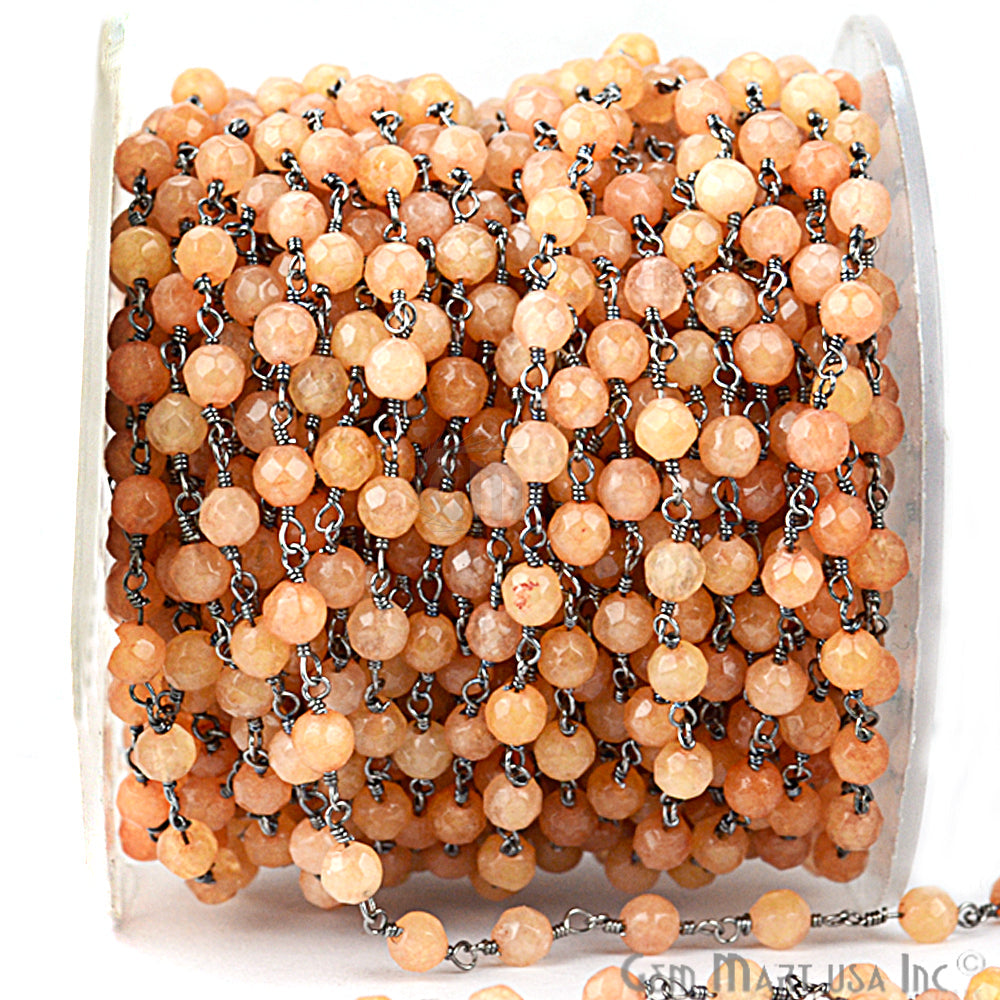 Dyed Jade Bead Faceted Crystal Round Rosary Chain Black Plating, 4mm, 1+ ft