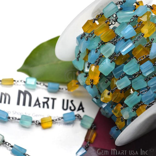 Multi Stone Cube Shape Gemstone Oxidized Wire Wrapped Beaded Rosary Chain