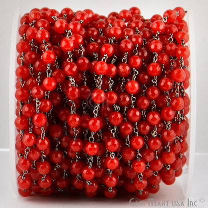 Dyed Jade Bead Faceted Crystal Round Rosary Chain Black Plating, 5-6mm, 1+ ft