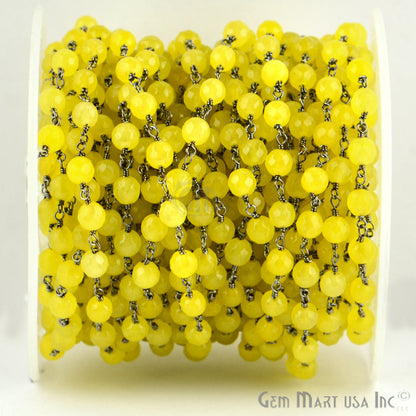 Dyed Jade Bead Faceted Crystal Round Rosary Chain Black Plating, 5-6mm, 1+ ft