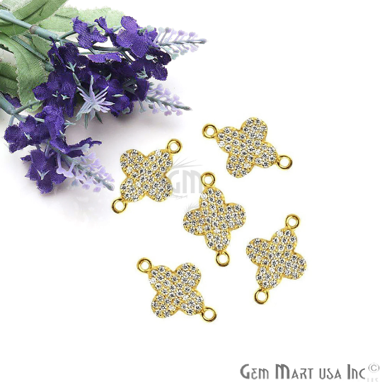 Clover Shape Cubic Zircon Pave Gold Vermeil Charm For Bracelet & Pendants