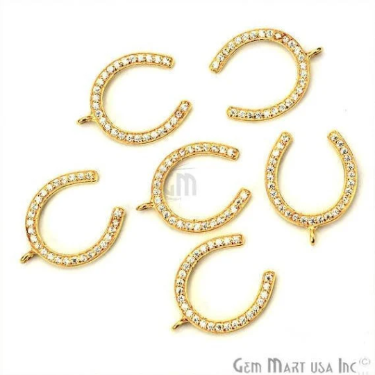 Horseshoe Shape Cubic Zircon Pave Gold Vermeil Charm For Bracelet & Pendants