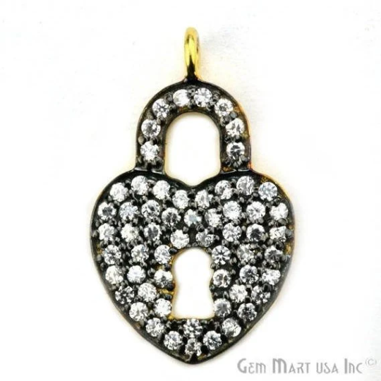 Heart Shape Lock Cubic Zircon Pave Gold Vermeil Charm For Bracelet & Pendants