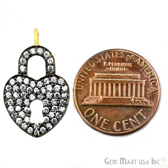 Heart Shape Lock Cubic Zircon Pave Gold Vermeil Charm For Bracelet & Pendants