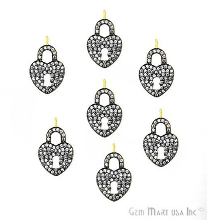 Heart Shape Lock Cubic Zircon Pave Gold Vermeil Charm For Bracelet & Pendants