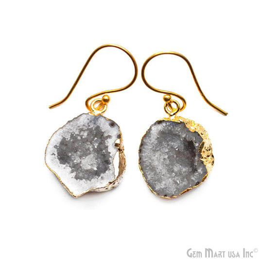 Grey Geode Organic Druzy 23X18mm Gold Electroplated Hook Earring