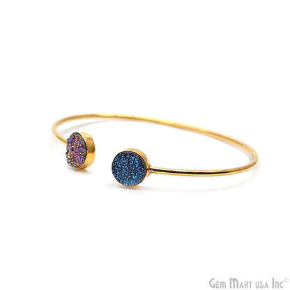 Purple & Blue Druzy Round Shape Adjustable Gold Plated Stacking Bangle Bracelet