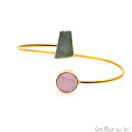 Gold Electroplated Adjustable Gemstone with Druzy Stacking Bangle Bracelet