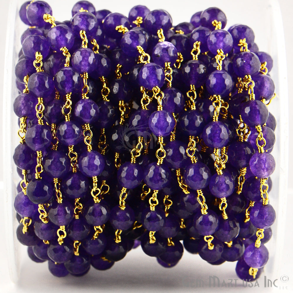 Dyed Jade Bead Faceted Crystal Round Rosary Chain Gold Plating, 8mm, 1+ ft