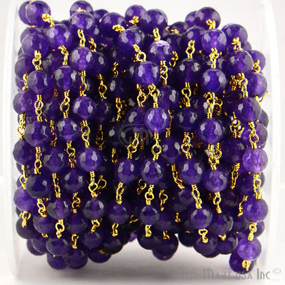 Dyed Jade Bead Faceted Crystal Round Rosary Chain Gold Plating, 8mm, 1+ ft