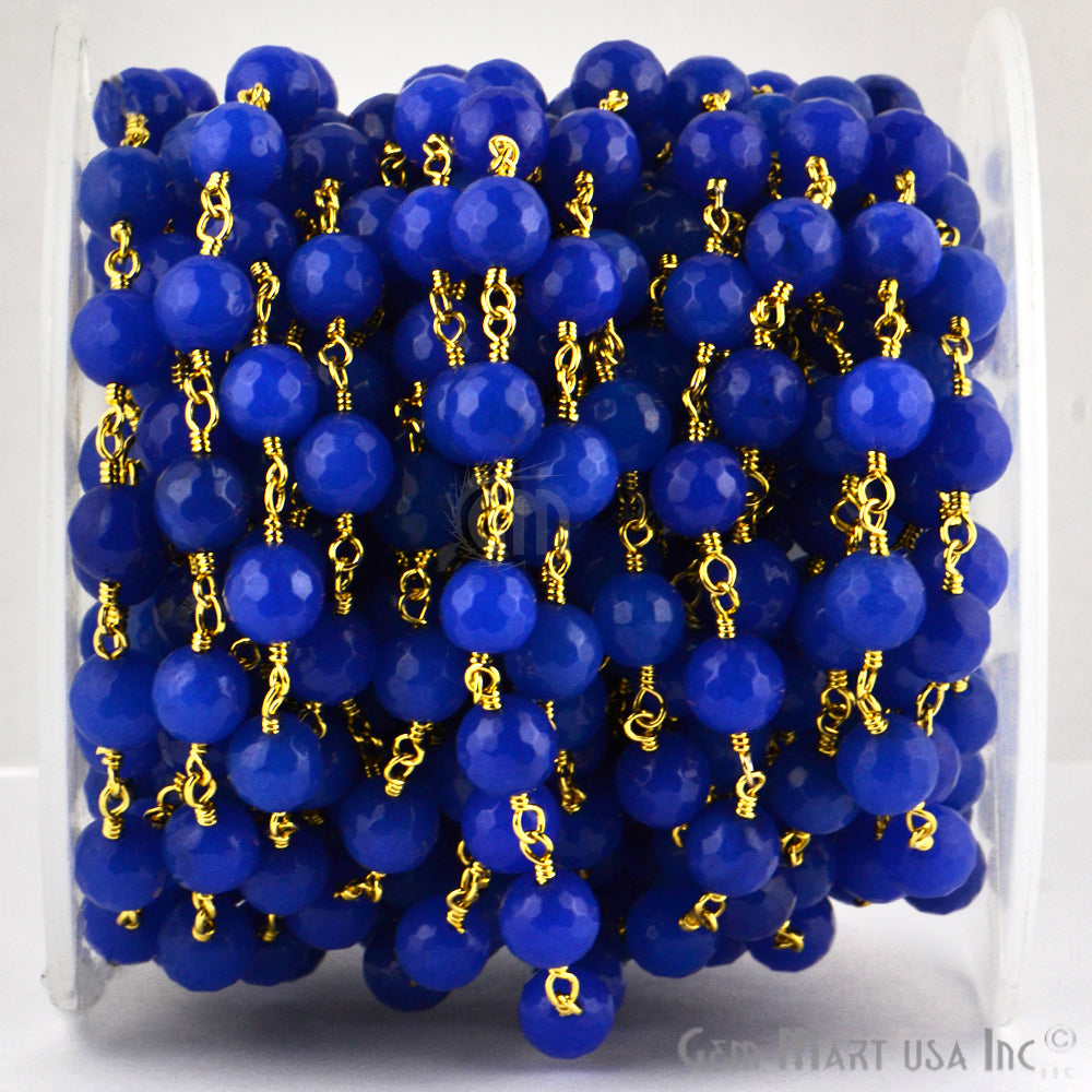 Dyed Jade Bead Faceted Crystal Round Rosary Chain Gold Plating, 8mm, 1+ ft