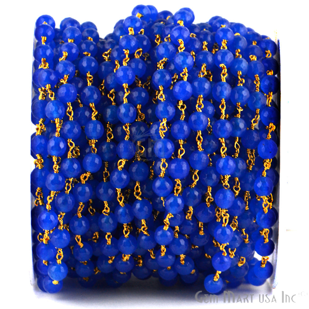 Dyed Jade Bead Faceted Crystal Round Rosary Chain Gold Plating, 5-6mm, 1+ ft