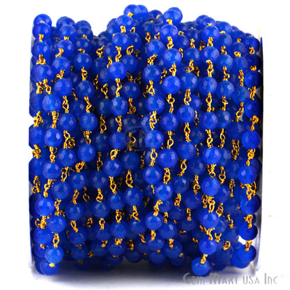 Dyed Jade Bead Faceted Crystal Round Rosary Chain Gold Plating, 5-6mm, 1+ ft