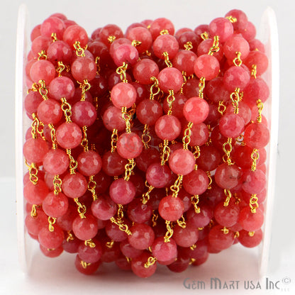 Dyed Jade Bead Faceted Crystal Round Rosary Chain Gold Plating, 8mm, 1+ ft