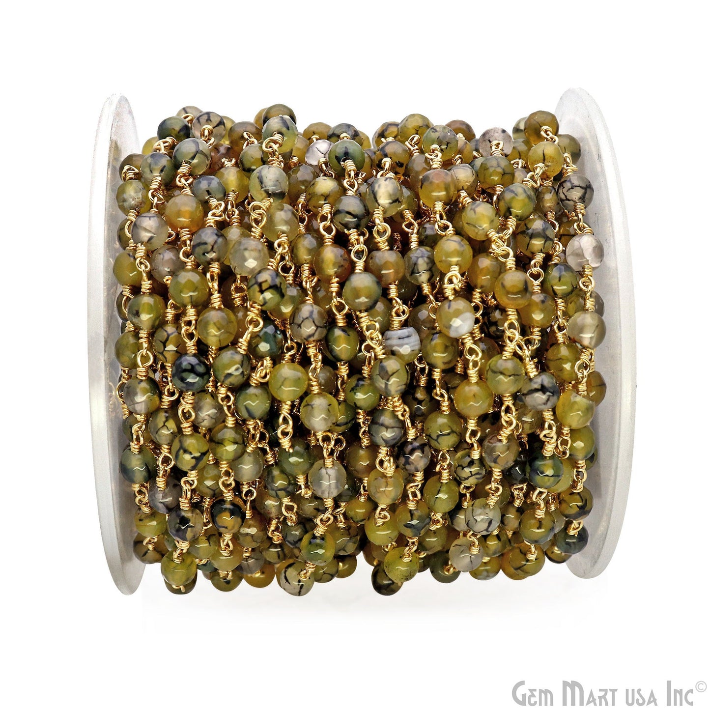 Dyed Jade Bead Faceted Crystal Round Rosary Chain Gold Plating, 5-6mm, 1+ ft
