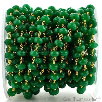 Dyed Jade Bead Faceted Crystal Round Rosary Chain Gold Plating, 8mm, 1+ ft