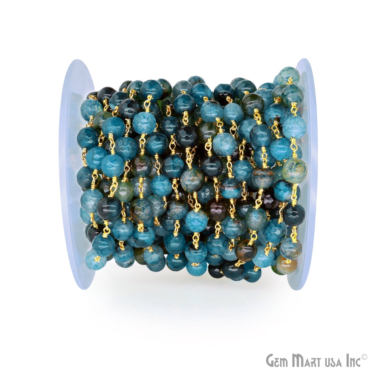 Dyed Jade Bead Faceted Crystal Round Rosary Chain Gold Plating, 8mm, 1+ ft