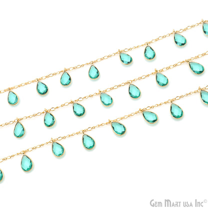 Paraiba Tourmaline Quartz Pears Gold Bezel Connector Dangle Rosary Chain