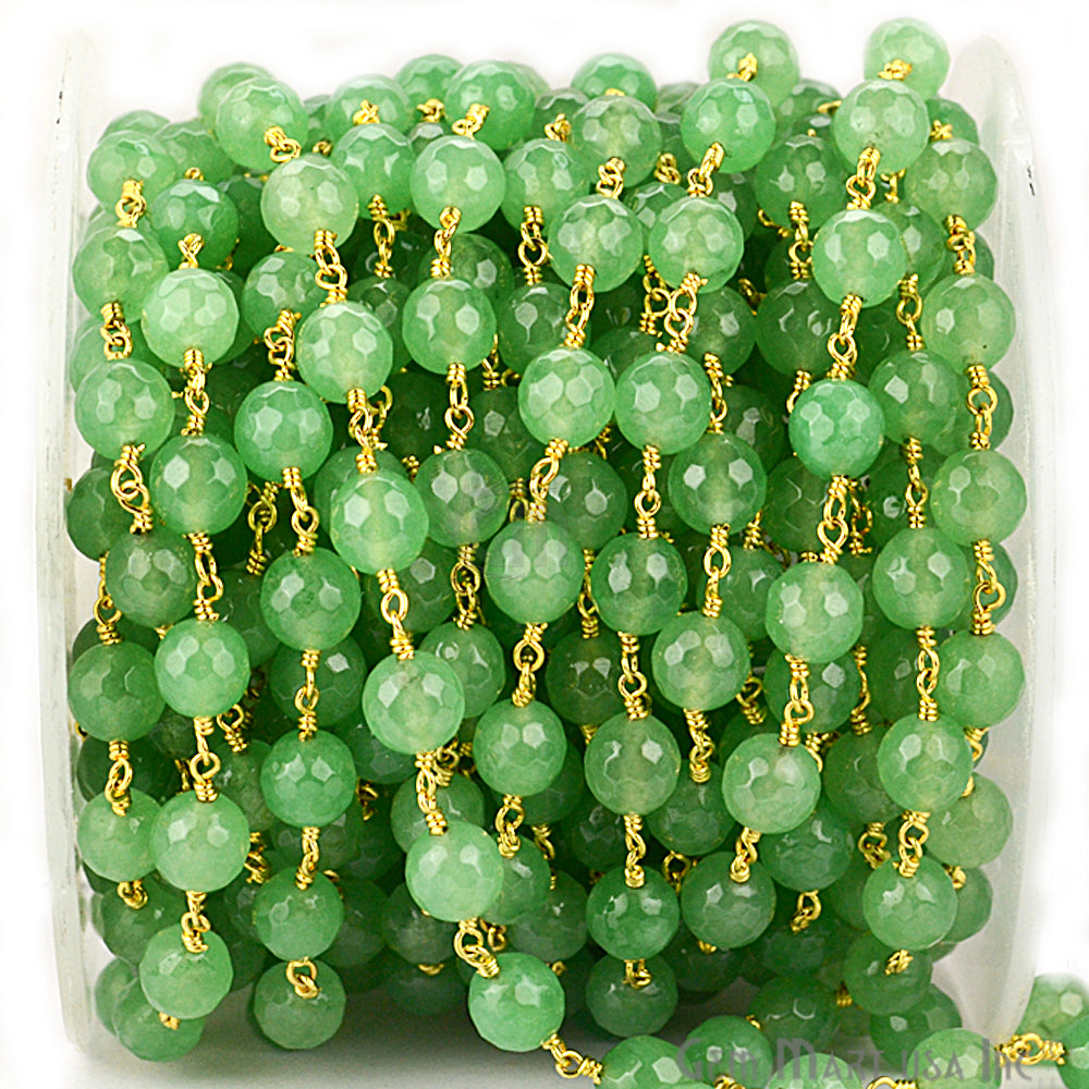 Dyed Jade Bead Faceted Crystal Round Rosary Chain Gold Plating, 8mm, 1+ ft