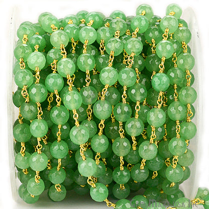 Dyed Jade Bead Faceted Crystal Round Rosary Chain Gold Plating, 8mm, 1+ ft
