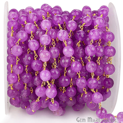 Dyed Jade Bead Faceted Crystal Round Rosary Chain Gold Plating, 8mm, 1+ ft