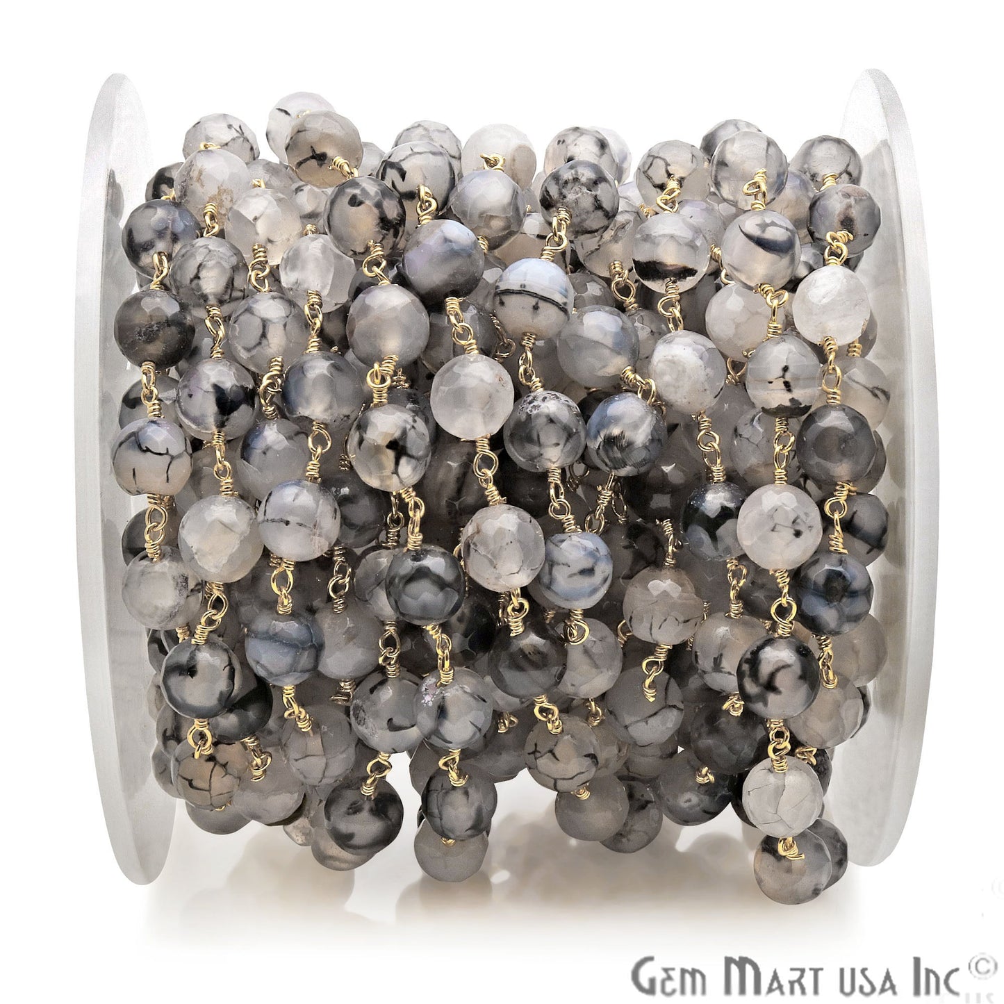 Dyed Jade Bead Faceted Crystal Round Rosary Chain Gold Plating, 8mm, 1+ ft