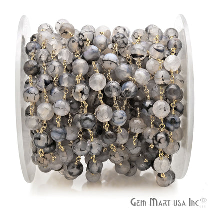 Dyed Jade Bead Faceted Crystal Round Rosary Chain Gold Plating, 8mm, 1+ ft