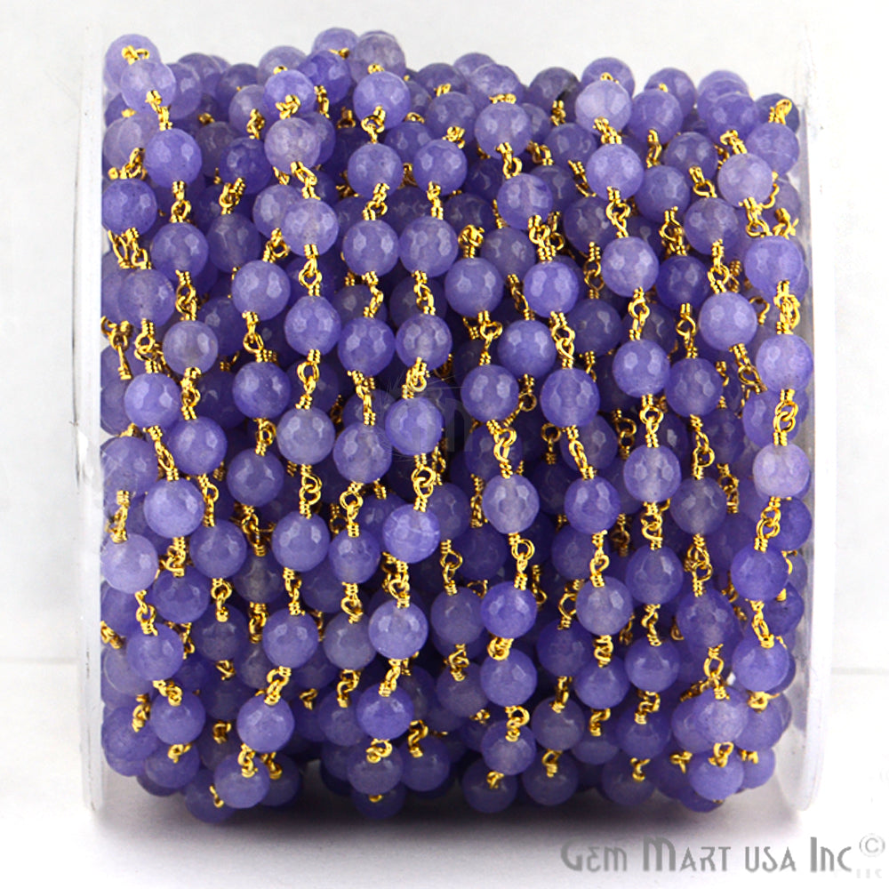 Dyed Jade Bead Faceted Crystal Round Rosary Chain Gold Plating, 5-6mm, 1+ ft
