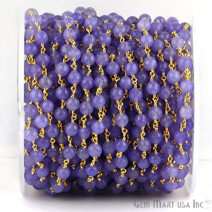 Dyed Jade Bead Faceted Crystal Round Rosary Chain Gold Plating, 5-6mm, 1+ ft