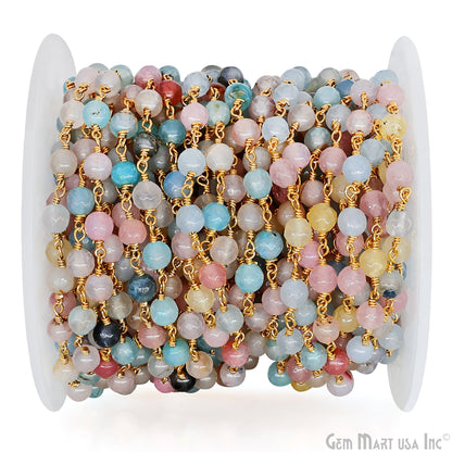 Dyed Jade Bead Faceted Crystal Round Rosary Chain Gold Plating, 5-6mm, 1+ ft