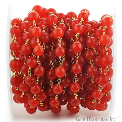 Dyed Jade Bead Faceted Crystal Round Rosary Chain Gold Plating, 8mm, 1+ ft