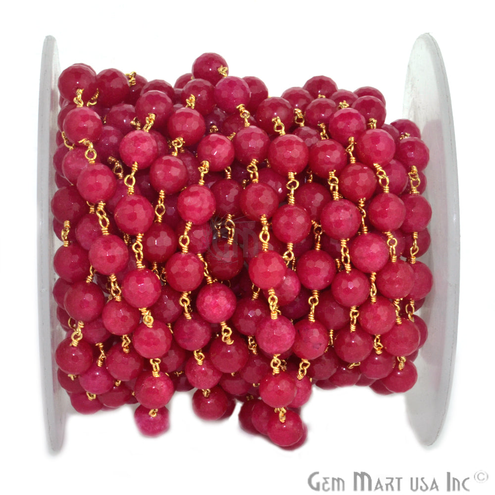 Dyed Jade Bead Faceted Crystal Round Rosary Chain Gold Plating, 8mm, 1+ ft