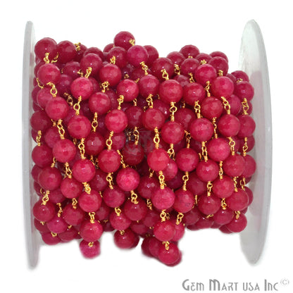 Dyed Jade Bead Faceted Crystal Round Rosary Chain Gold Plating, 8mm, 1+ ft